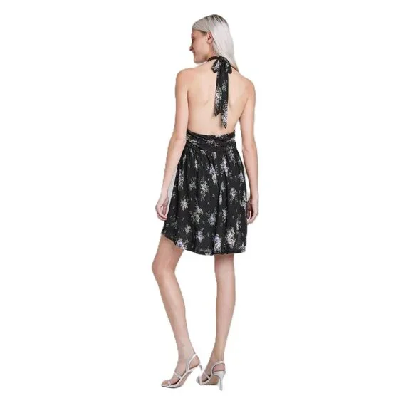 Wild Fable Purple Floral Sleeveless Skater Black Halter Mini Dress -- Size Large - Picture 4 of 8